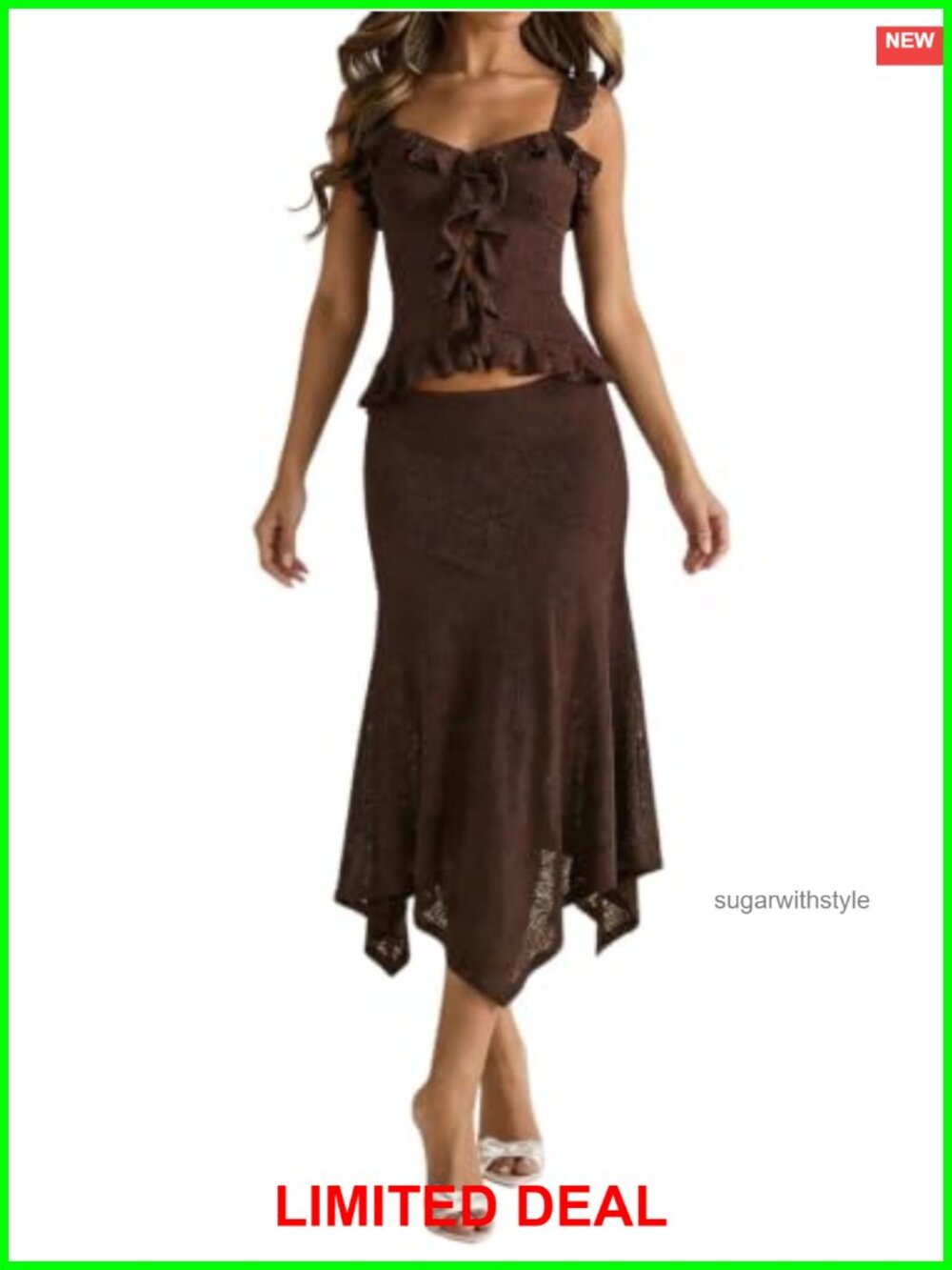 Boho Western Floral Lace Ruffle Hem Midi Skirt Slim Fit Low Waist Summer